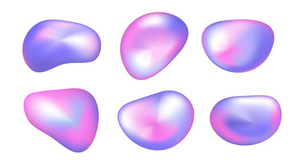 3d gradient liquid blob shape. Abstract holographic iridescent fluid bubble form. Chrome fluorescent hologram geometry object. Chameleon effect set. Chromatic metal multicolor surface texture.