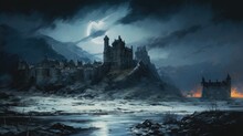 Imaginary Medieval Scottish Castle On A Rocky Cliff Near The Cold North Atlantic Ocean At Midnight Hour, Misty Sea Breeze And Dark Eerie Moonlit Cloud Cover - Generative AI