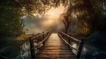 A Wooden Bridge Over A Body Of Water, A Picture, Romanticism, Sun After A Storm