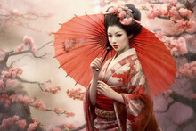 Geisha In Japan With Cherry Tree And Umbrella