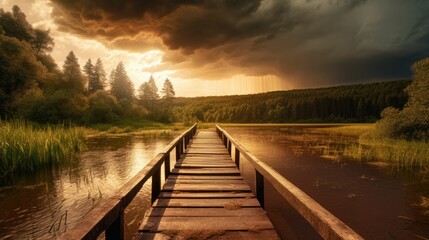 Wall Mural - Idyllic view of the wooden pier in the lake with mountain scenery background