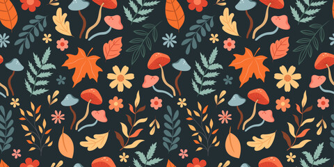 Poster - Seamless autumn pattern with leaves, mushrooms, plants and flowers on dark background