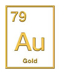 Wall Mural - Gold, chemical element, taken from periodic table, with relief shape. Noble and precious metal with chemical symbol Au (for Latin aurum), and with atomic number 79. Isolated, over white, illustration.