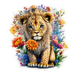 lion cub with cute face, flowers around him - Generative Ai-