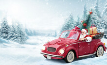 Santa Claus In Red Car Delivering Christmas Tree And Gifts At Snowy Background. Christmas Card
