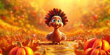  3D Little Cute Turkey Bird , Autumn Background