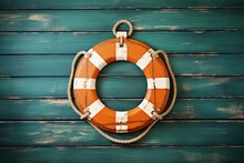 Lifebuoy On Wooden Blue Wall, Navigations Concept. Generative AI