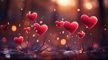 Red Hearts Bokeh Red Background Blurred Digital Art Heart Shape Valentine's Day