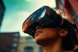 Woman girl student user computer technology female wearing VR headset virtual reality goggles exploration metaverse modern advanced tech future progress playing cyber game experience gaming outdoors