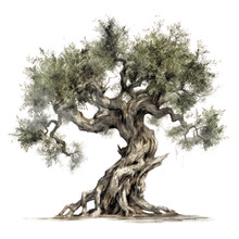 Olive Tree Isolated On Transparent Background, Green Foliage And Old Trunk, PNG, 