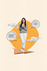 Sticker - Vertical collage image of mini girl stand huge paper plane use smart phone chatting dialogue bubble clouds sky isolated on painted background