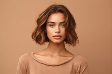 Wall Mural - Close-up portrait photography of a beautiful girl in her 20s wearing a cute crop top against a warm taupe background. With generative AI technology