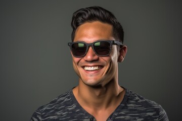 Wall Mural - Headshot portrait photography of a glad boy in his 30s wearing a trendy sunglasses against a cool gray background. With generative AI technology