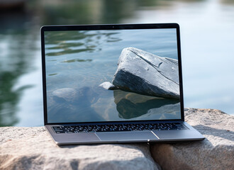 laptop mockup template with display screen with nature wallpaper, generative ai