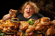 An extreme obese woman eating junk fast food and living a sedentary life with bad health habits Generative AI Illustration