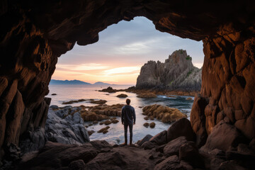 Wall Mural - A man stands at the mouth of a cave looking at the sunset scenery outside
