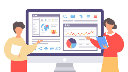 Man and woman point at web pages at computer. Coders or programmers show work statistic, analytics at website. Workers analysing information, searching, analysing charts, statistic of site using