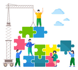 Wall Mural - Team building concept, joint teamwork in the company. People working together with puzzle blocks. Workers build with a construction crane stack blocks. Joint work team support and business development