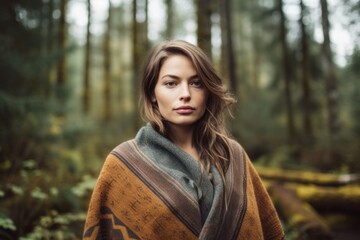 Sticker - Photography in the style of pensive portraiture of a joyful girl in her 30s wearing a unique poncho against a forest background. With generative AI technology