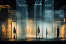 People Shopping. Mannequins Standing On Storefront In Luxury Shopping Mall. Glass Windows And Storefronts. Fashion Show