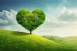 A big tree in the shape of a love heart is on the hillside, in front of the background of blue sky and white clouds