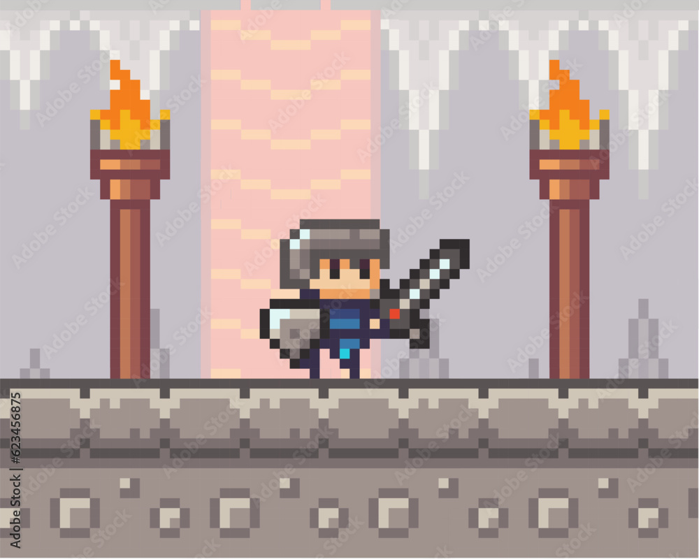 Pixel art style, character in game arcade play. Man with sharp sword ...