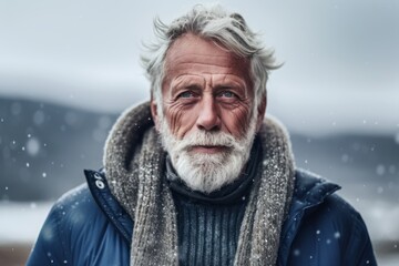 Wall Mural - Environmental portrait photography of a tender old man wearing a cozy sweater against a snowy landscape background. With generative AI technology