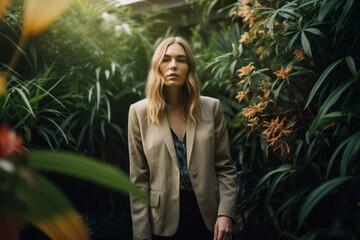 Wall Mural - Eclectic portrait photography of a glad girl in her 30s wearing a classic blazer against a lush garden background. With generative AI technology