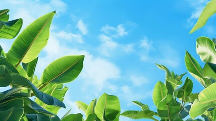 Wall Mural - green banana leaves against blue sky