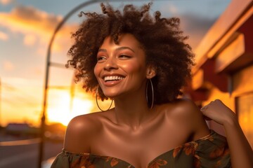 Sticker - Urban fashion portrait photography of a grinning girl in her 30s wearing a daring tube top against a vibrant sunset background. With generative AI technology