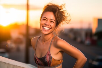 Sticker - Urban fashion portrait photography of a grinning girl in her 30s wearing a daring tube top against a vibrant sunset background. With generative AI technology