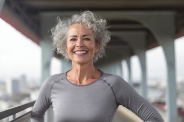 Wall Mural - Close-up portrait photography of a grinning mature woman wearing a versatile pair of leggings against a modern architecture background. With generative AI technology