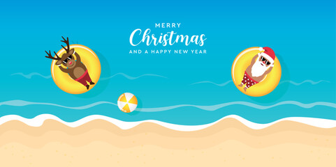 Sticker - cute santa claus and deer relaxing on float ring in water on the beach vector illustration EPS10