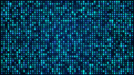 Futuristic illustration of blue glow digital data matrix of binary code numbers on a dark lcd screen background. Technology, coding, cyberspace, security, or big data concept