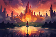 Little Princess Stand In Front Of Big Golden Castle Illustration Generative AI