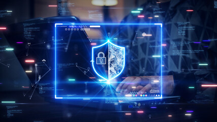 Fototapete - Man using laptop computer accessing applications or login Internet network to conduct transactions through digital technology cybersecurity password protect personal information from online crime.