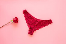 Elegant Red Lace Lingerie Bikini Panties With Red Rose, Top View