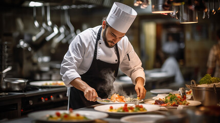 Cook man neatly decorates the dish. young professional chef adding some piquancy to meal. in modern kitchen, at work in uniform