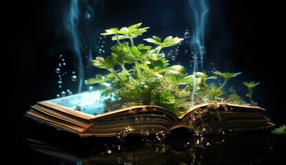 branches and a garden grow out of the pages of a book