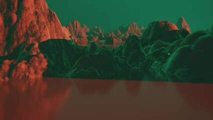 Wall Mural - strange alien planet covered with red rocky landscape and water. flying over the surface. planetary 
