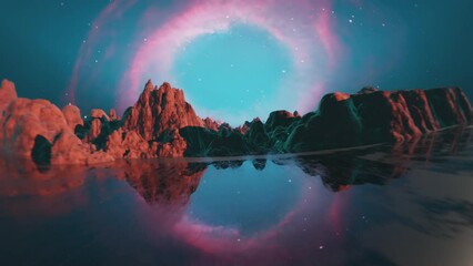 flying over the surface of an ocean covered alien planet with red rocks. terraformed mars. planet in