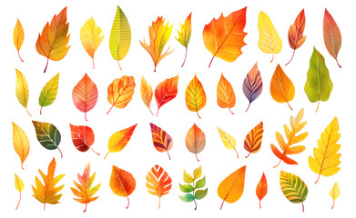 Wall Mural - colorful autumn leaves, large collection of digital illustrations in watercolor style, isolated on w