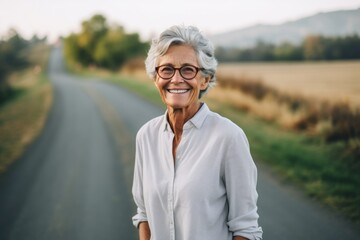 Poster - Lifestyle portrait photography of a satisfied old woman wearing an elegant long-sleeve shirt against a winding country road background. With generative AI technology