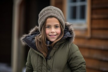 Wall Mural - Environmental portrait photography of a grinning kid female wearing a cozy winter coat against a rustic farmhouse background. With generative AI technology