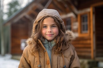 Wall Mural - Environmental portrait photography of a grinning kid female wearing a cozy winter coat against a rustic farmhouse background. With generative AI technology