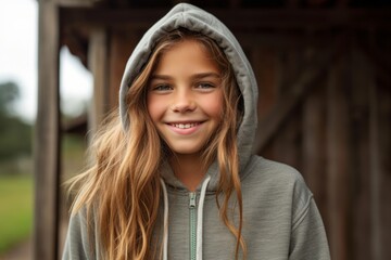 Wall Mural - Close-up portrait photography of a grinning kid female wearing a comfortable hoodie against a rustic farmhouse background. With generative AI technology