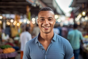 Wall Mural - Close-up portrait photography of a satisfied boy in his 30s wearing a sporty polo shirt against a bustling marketplace background. With generative AI technology
