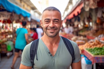 Wall Mural - Close-up portrait photography of a satisfied boy in his 30s wearing a sporty polo shirt against a bustling marketplace background. With generative AI technology