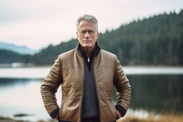 Wall Mural - Lifestyle portrait photography of a tender mature man wearing a sleek bomber jacket against a tranquil lake background. With generative AI technology