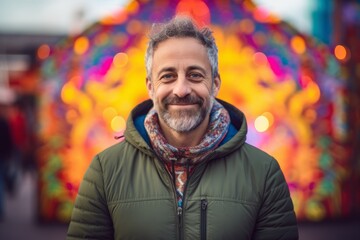 Wall Mural - Sports portrait photography of a satisfied mature man wearing a stylish hoodie against a vibrant festival background. With generative AI technology